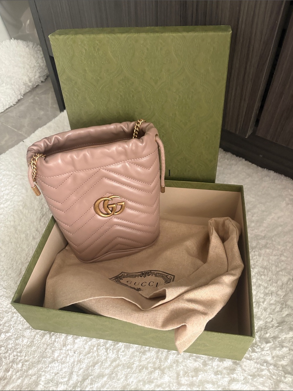 Gucci Blush Pink Chevron Quilted Mini Bucket Crossbody